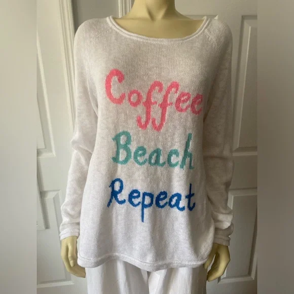 Lilly Pulitzer White Sweater with Colorful Text  COFFEE BEACH REPEAT/ Size L - Picture 5 of 10